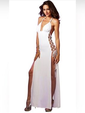 Dreamgirl Black Lace Up Maxi Dress Open Side Cover Up One Size OS Lingerie